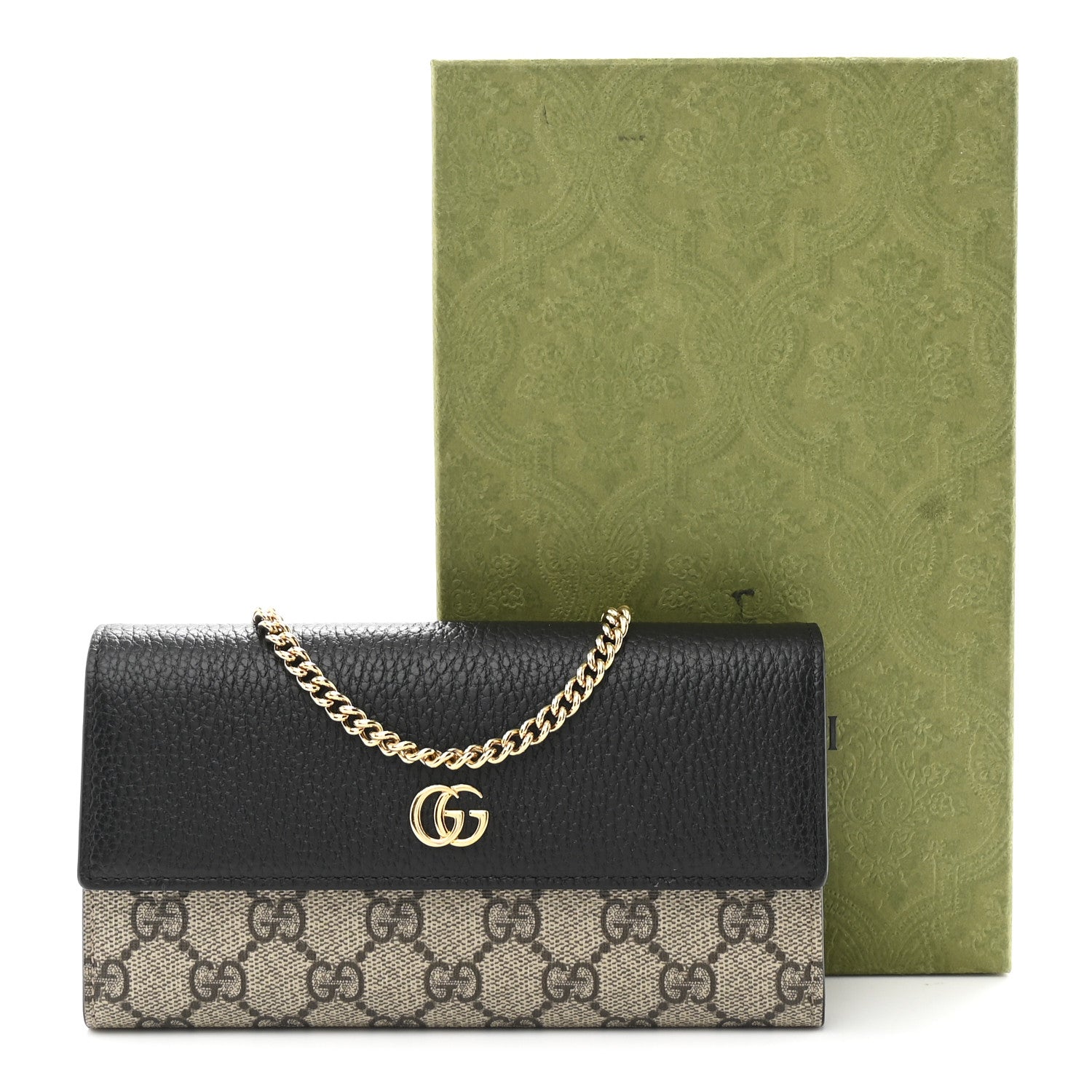 Dollar Calfskin GG Supreme Monogram Petite GG Marmont Wallet Chain Bag Black Beige Ebony