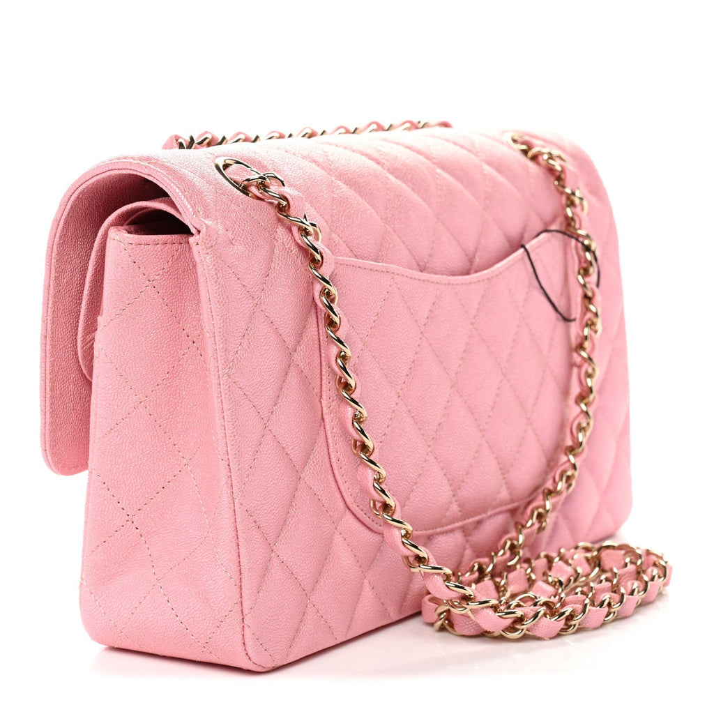 Iridescent Caviar Quilted Medium Double Flap Rose Pink