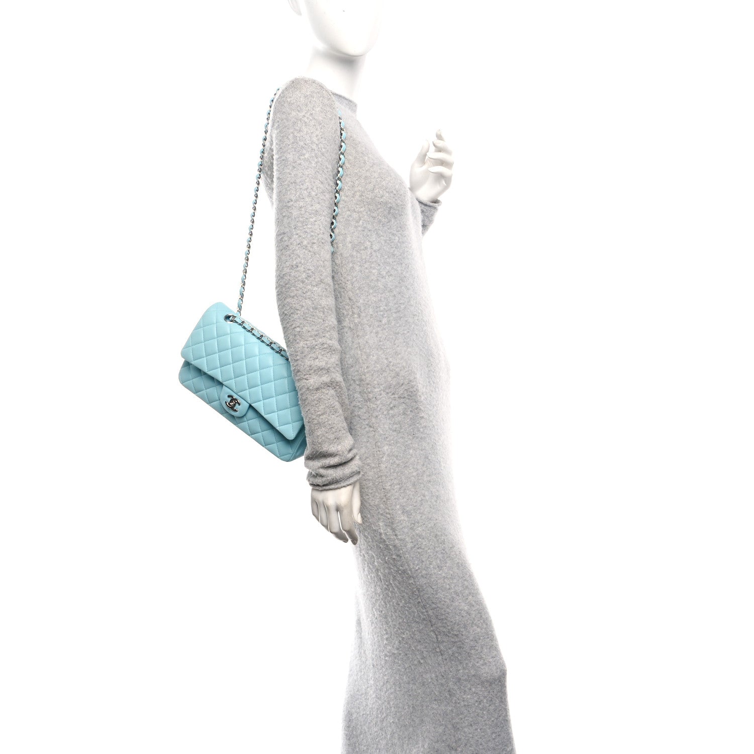 Lambskin Quilted Medium Double Flap Light Blue