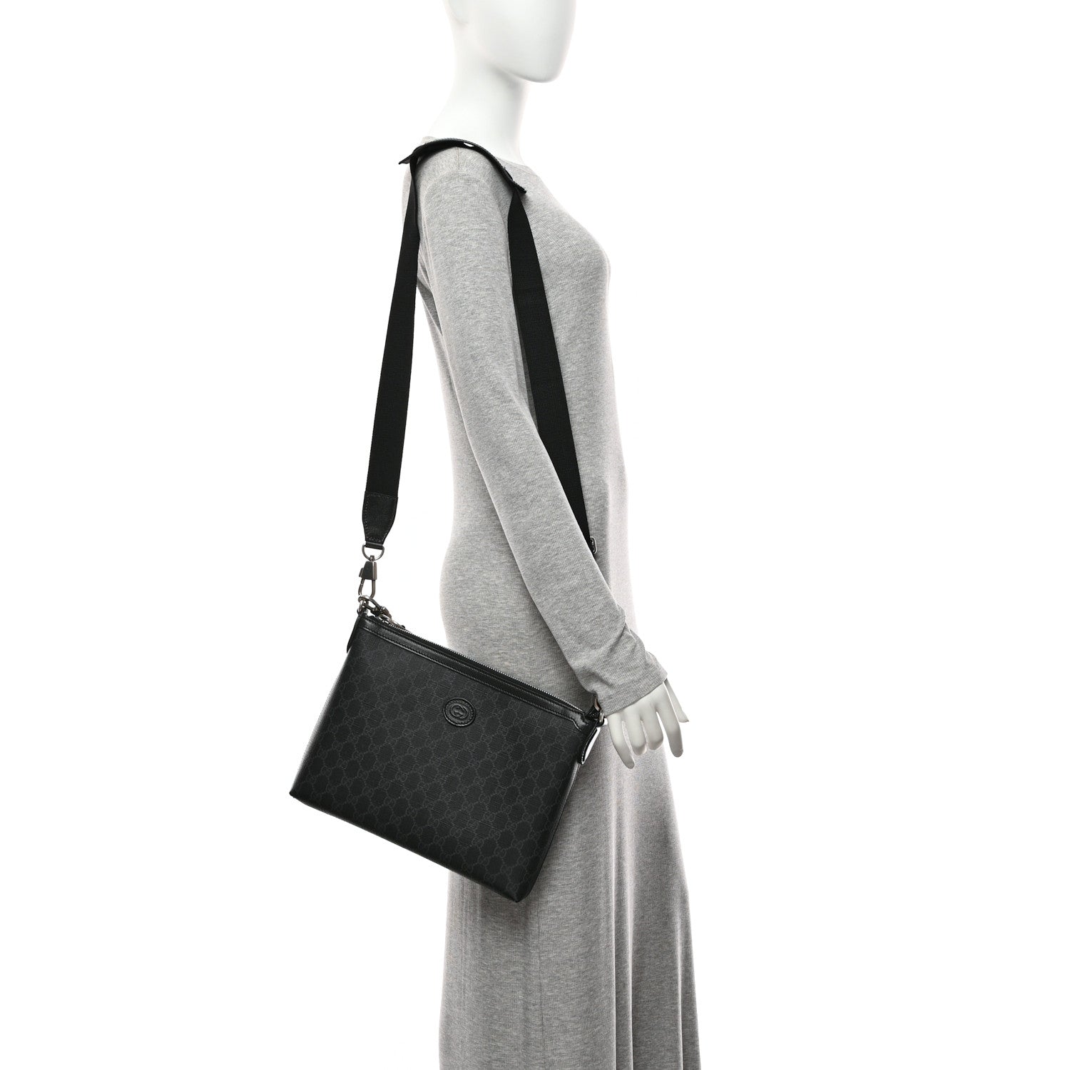 GG Supreme Monogram Azalea Calfskin Retro Interlocking G Wristlet Messenger Bag Black