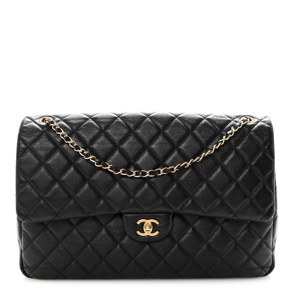 Grained Calfskin Quilted XXL Travel Flap Bag Black