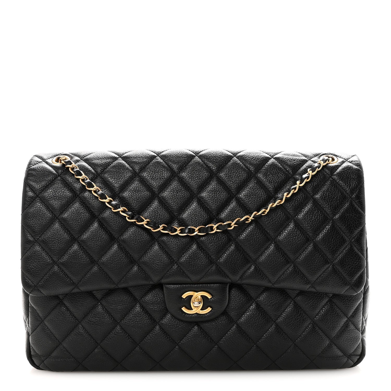 Grained Calfskin Quilted XXL Travel Flap Bag Black