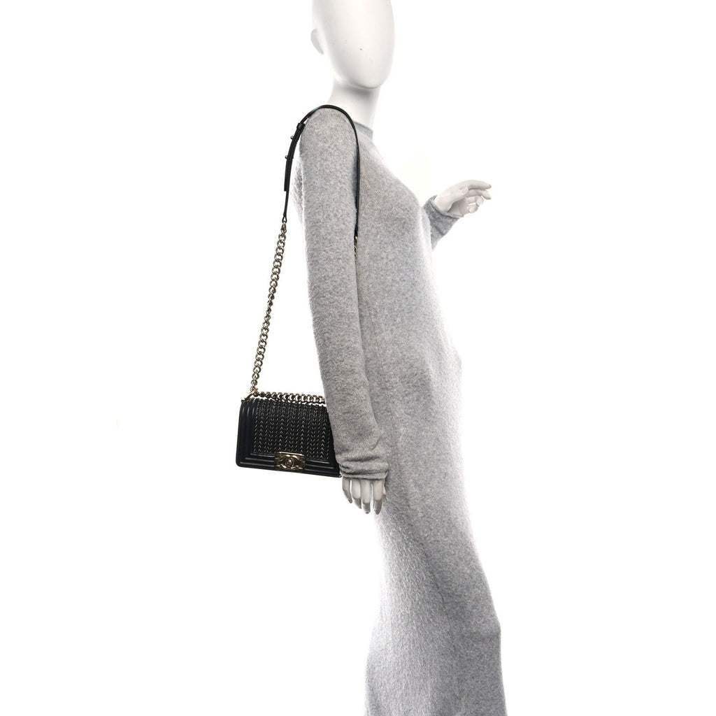 Calfskin Braided Small Boy Flap Black