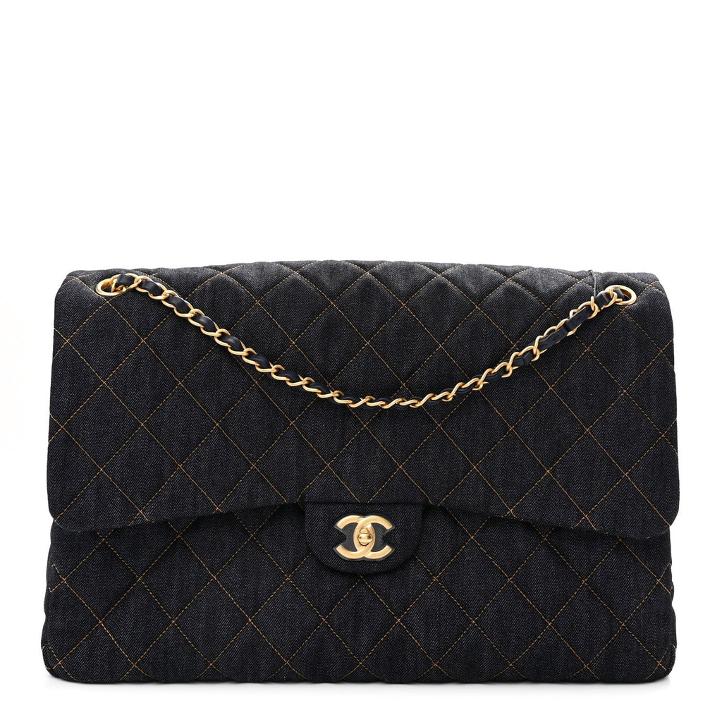 Denim Quilted XXL Travel Flap Bag Dark Blue Orange