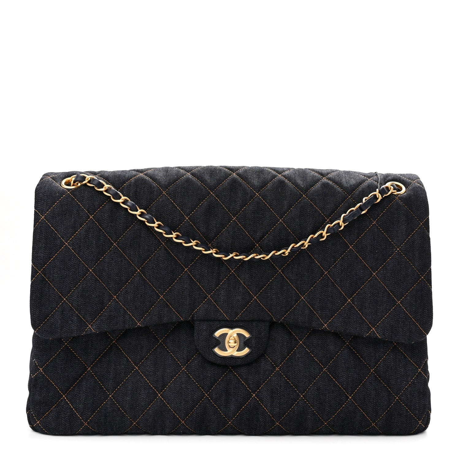 Denim Quilted XXL Travel Flap Bag Dark Blue Orange