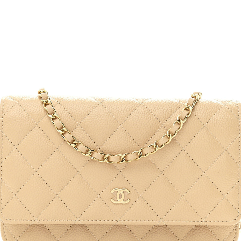 Caviar Quilted Wallet on Chain WOC Beige