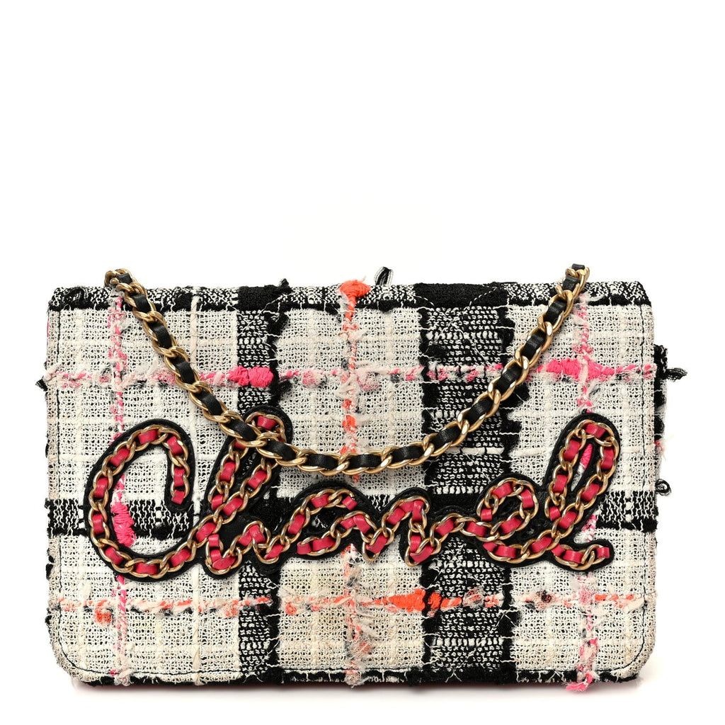 Tweed Calfskin Signe Wallet On Chain WOC Black Pink Orange