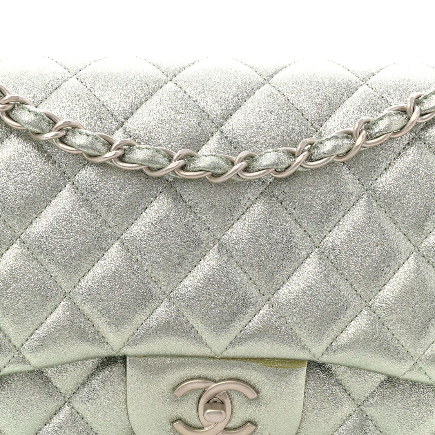 Metallic Lambskin Quilted Jumbo Double Flap Green