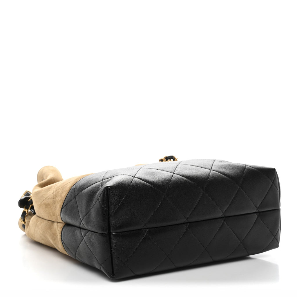 Suede Calfskin Shiny Lambskin Quilted Coco Base Shopping Bag Beige Black