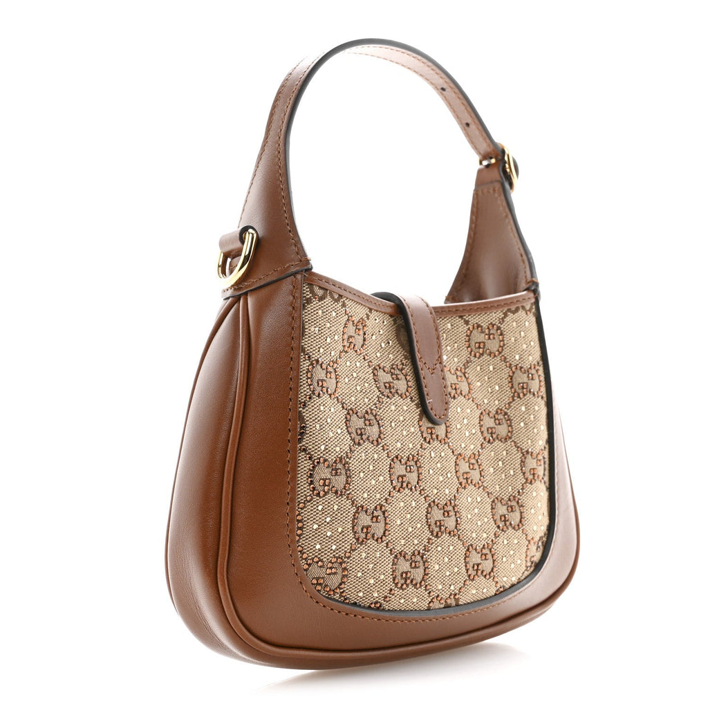 New Canvas Charisma Calfskin Crystal GG Monogram Mini Jackie 1961 Hobo Camel Ebony