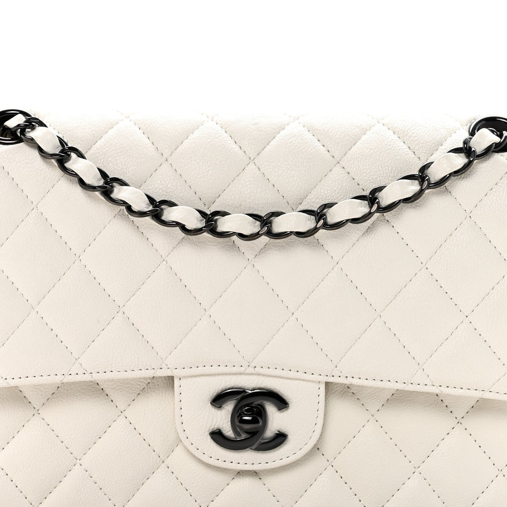Crumpled Calfskin Quilted Medium Double Flap White