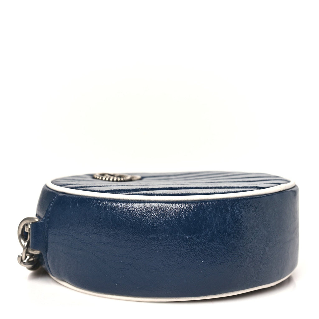 Azalea Calfskin Matelasse Diagonal Mini Torchon GG Marmont Round Shoulder Bag Blue Agata Mystic White