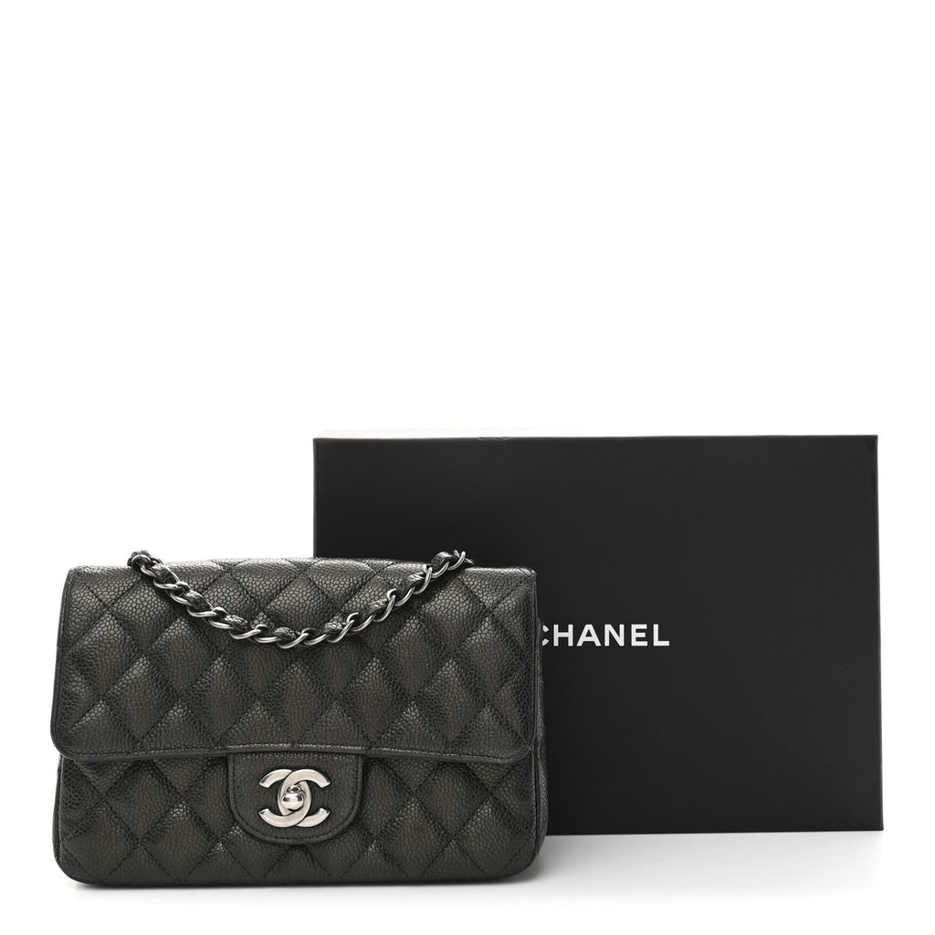 Metallic Caviar Quilted Mini Rectangular Flap Dark Grey