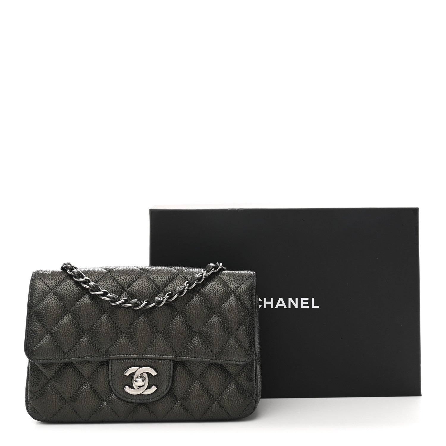 Metallic Caviar Quilted Mini Rectangular Flap Dark Grey