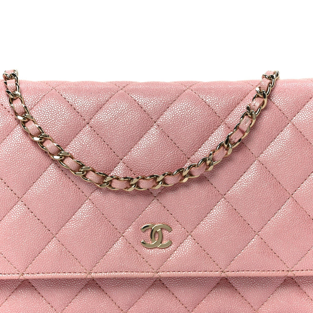 Iridescent Caviar Quilted Wallet on Chain WOC Rose Pink