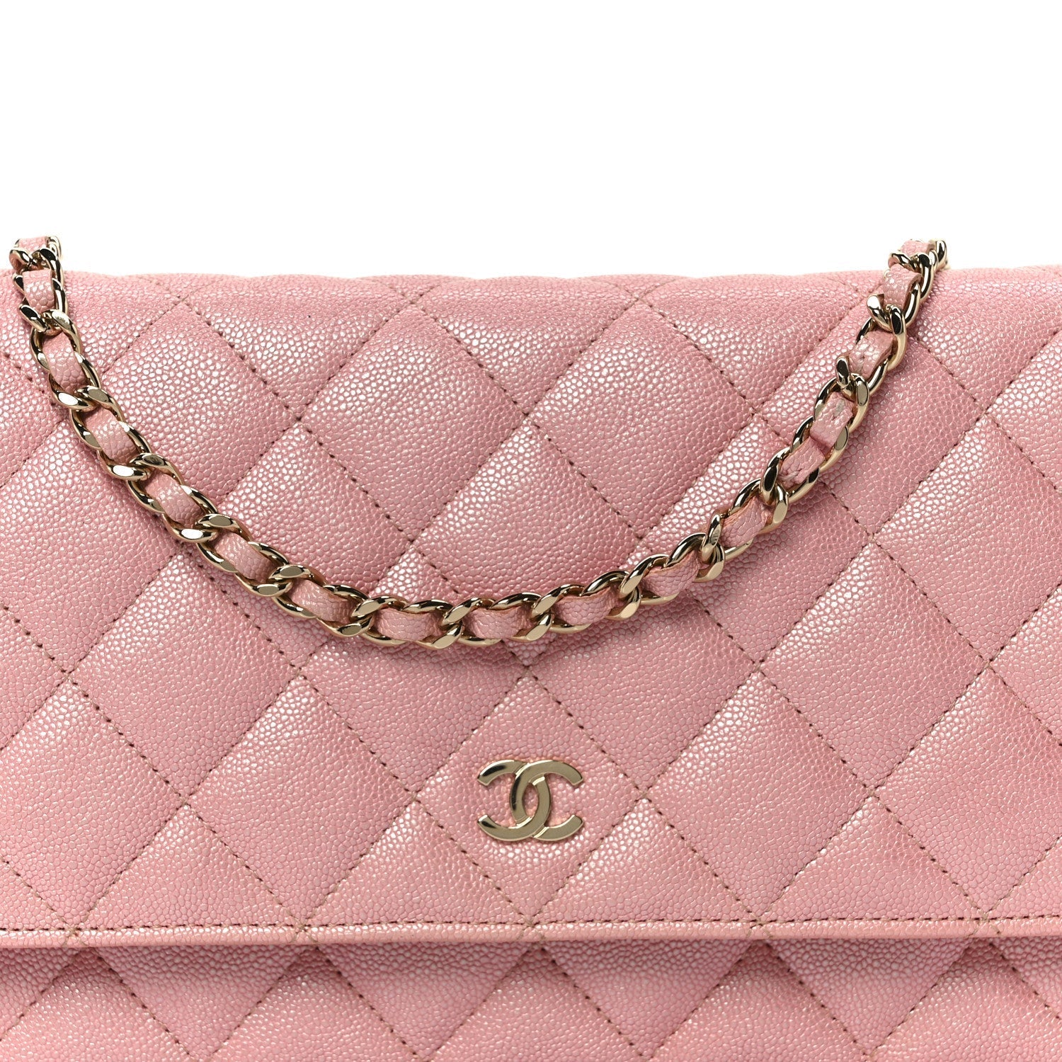 Iridescent Caviar Quilted Wallet on Chain WOC Rose Pink