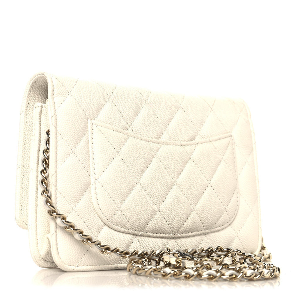 Shiny Caviar Quilted Flap Charm Wallet On Chain WOC White