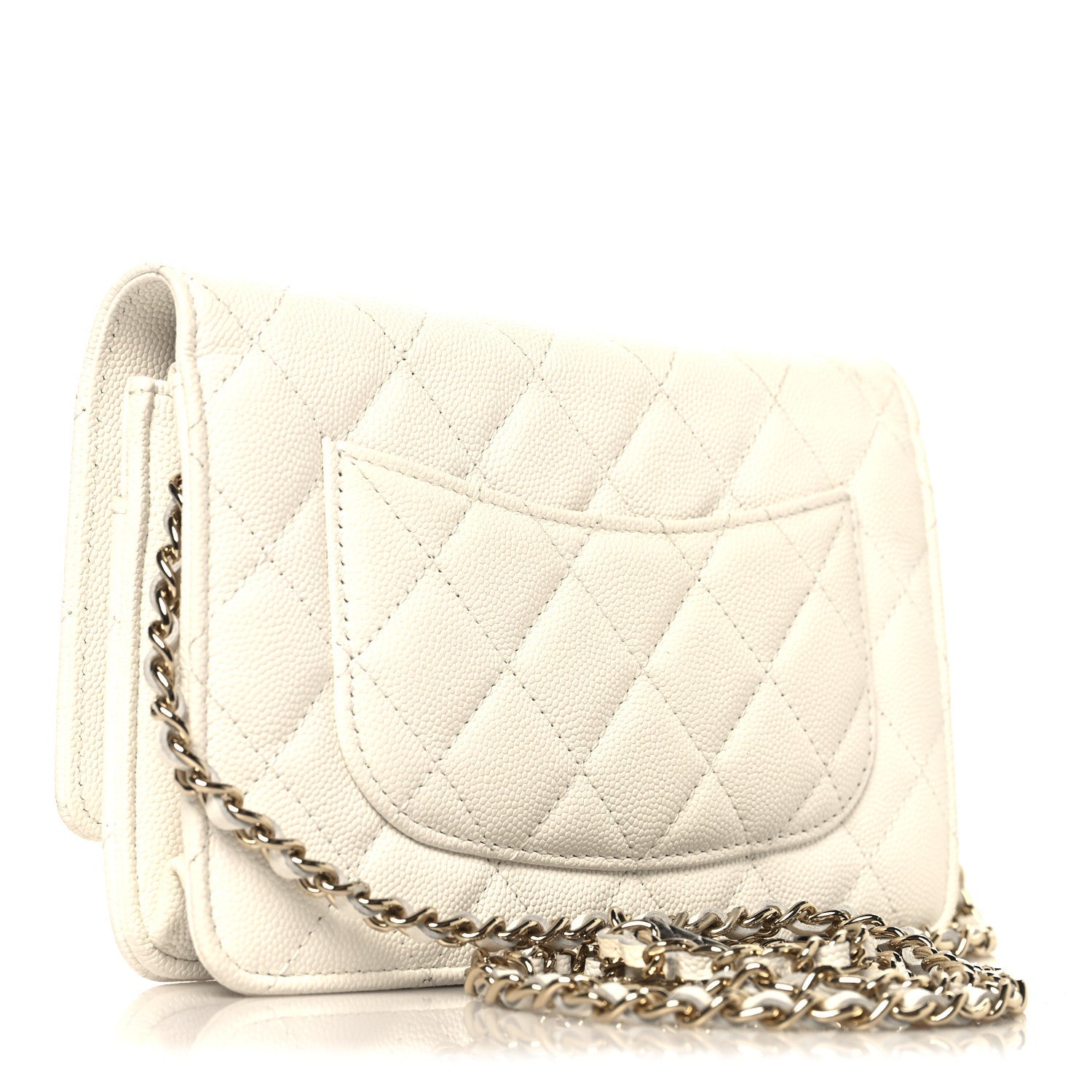 Shiny Caviar Quilted Flap Charm Wallet On Chain WOC White