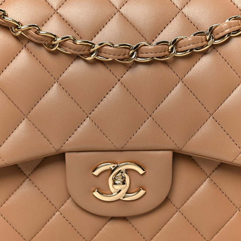 Lambskin Quilted Jumbo Double Flap Dark Beige