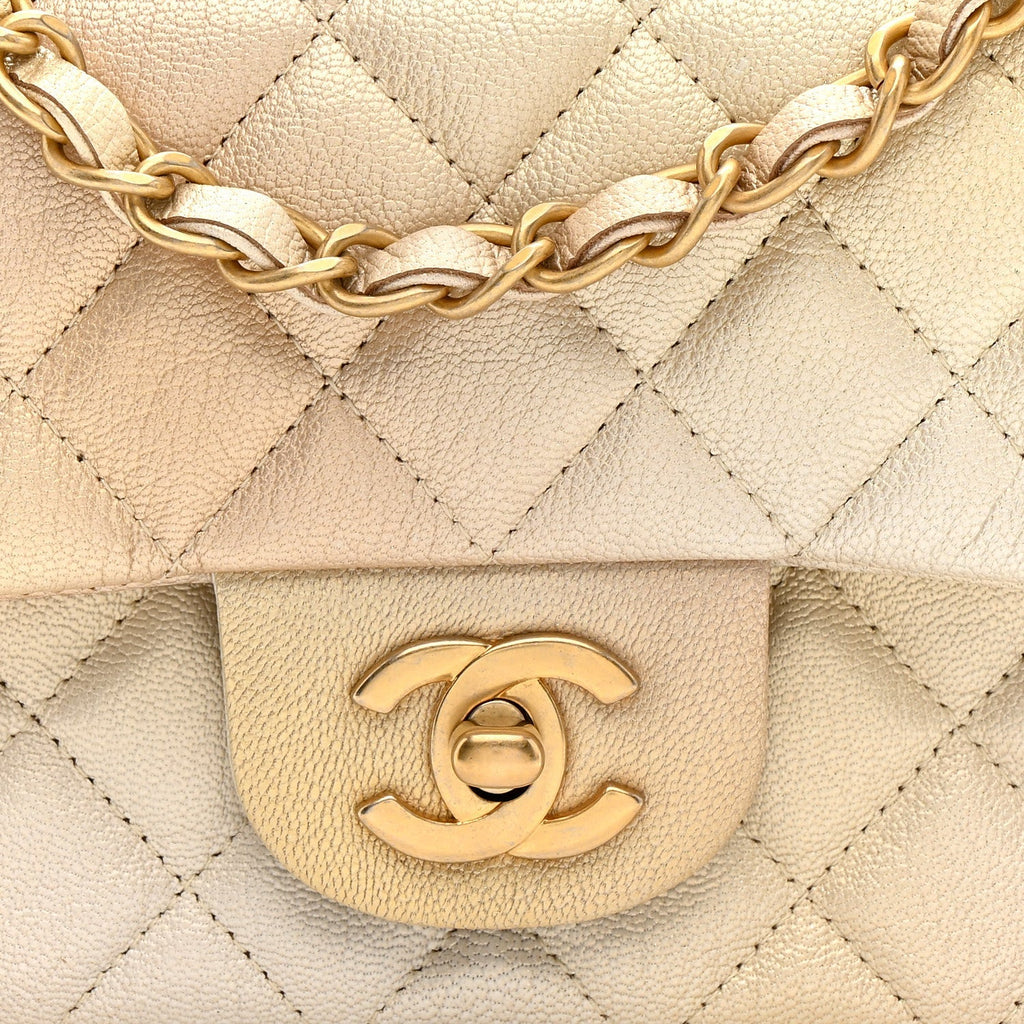 Metallic Goatskin Quilted Mini Rectangular Flap Gold