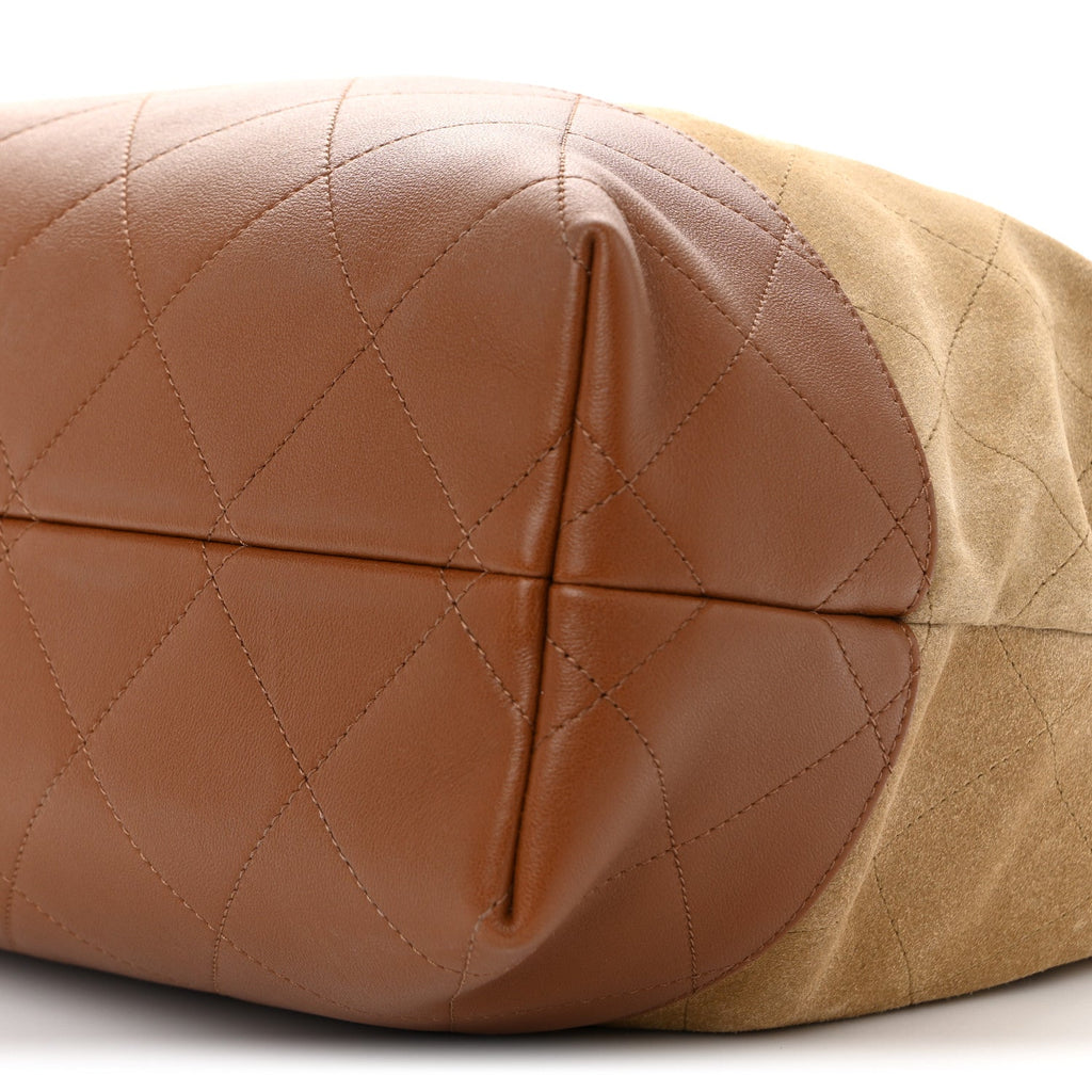 Suede Calfskin Shiny Lambskin Quilted Small Coco Base Shopping Bag Beige Camel