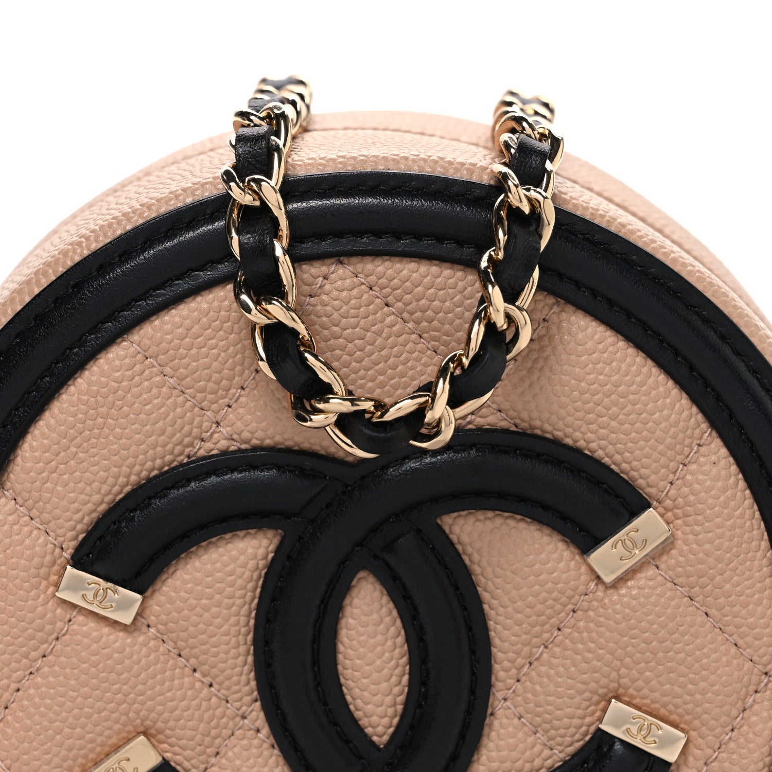 Caviar Quilted Round Filigree Crossbody Beige Black