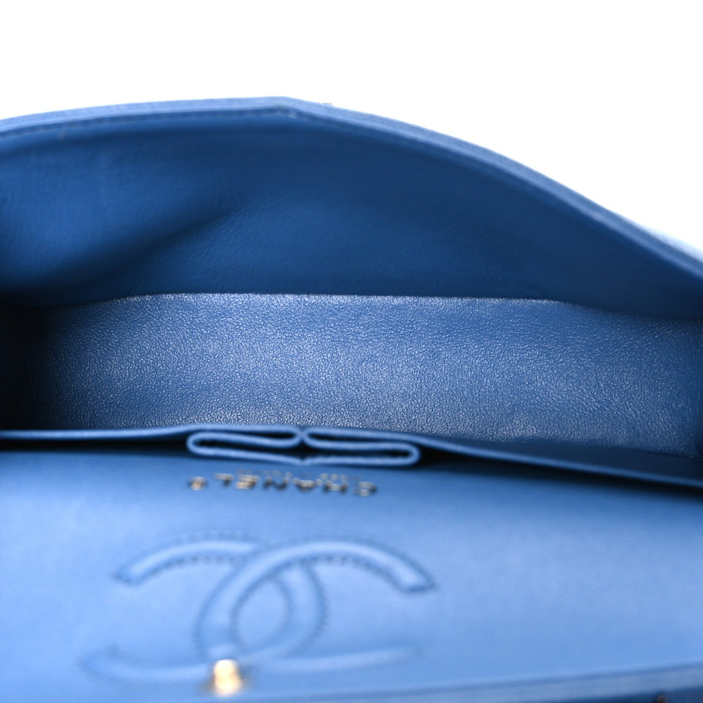 Caviar Quilted Medium Double Flap Blue