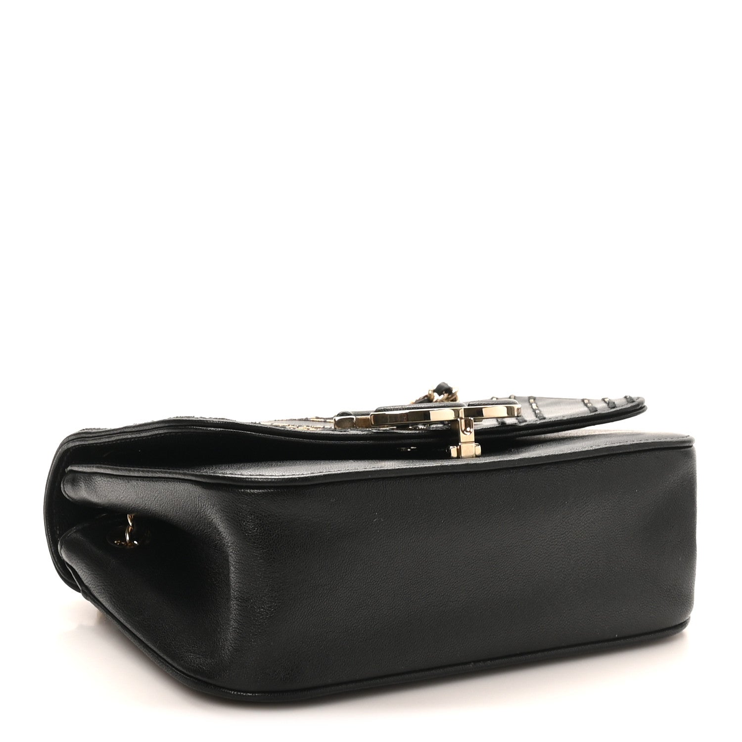 Calfskin Chevron Beaded Chain Mini Square Flap Black