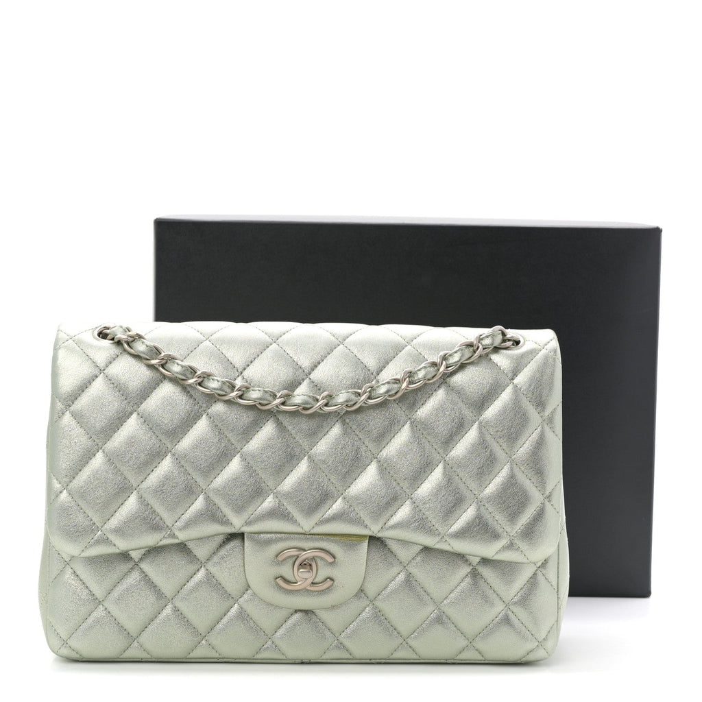 Metallic Lambskin Quilted Jumbo Double Flap Green