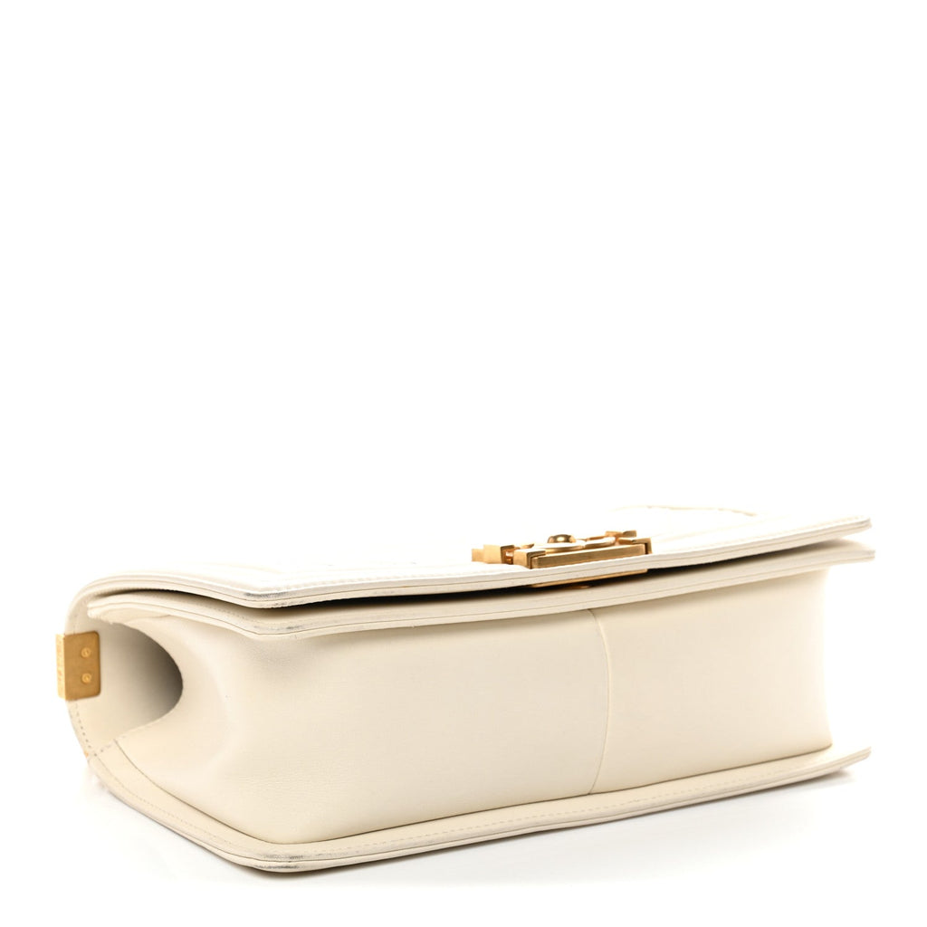 Caviar Suede Calfskin Chevron Medium Boy Flap White