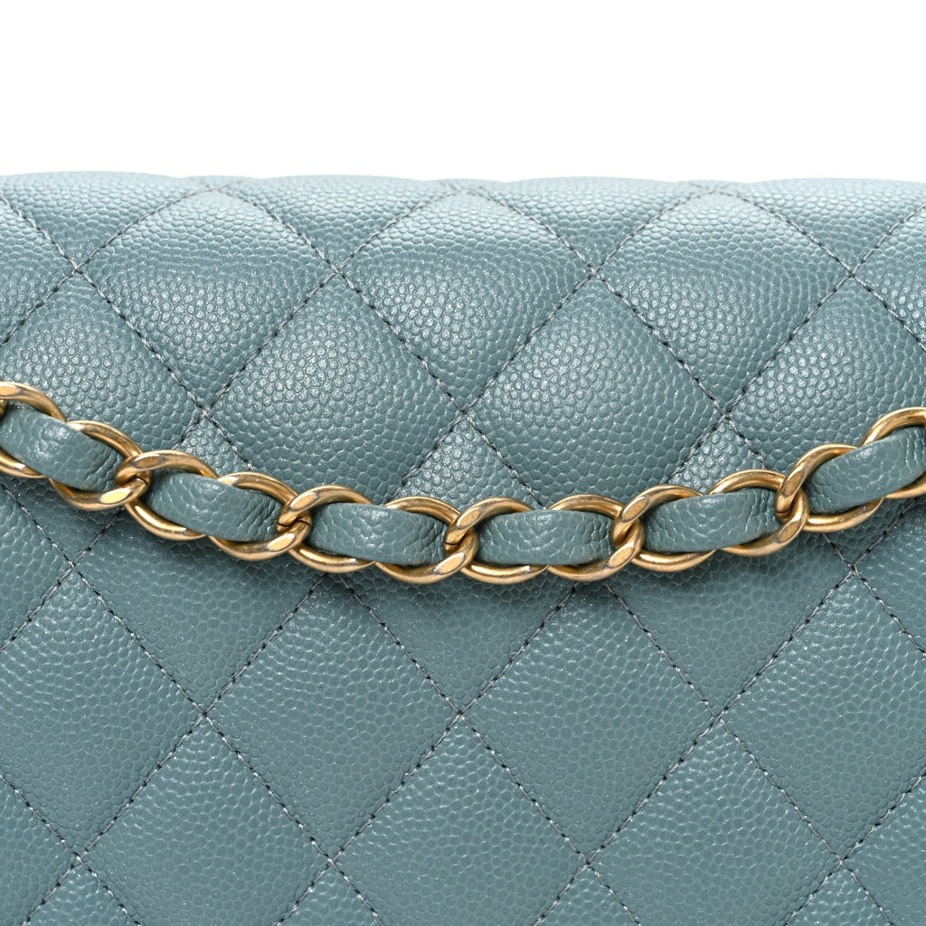 Iridescent Caviar Quilted Medium Double Flap Light Blue