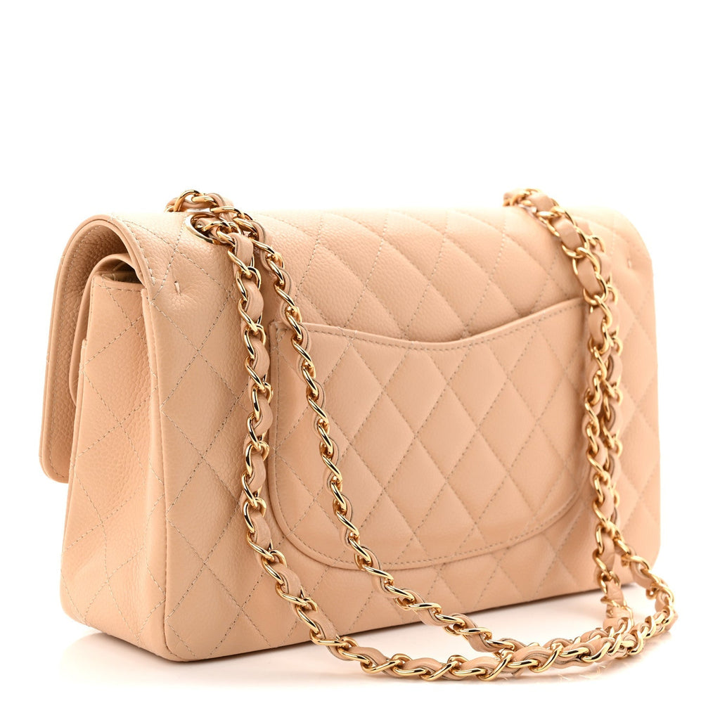 Caviar Quilted Medium Double Flap Beige