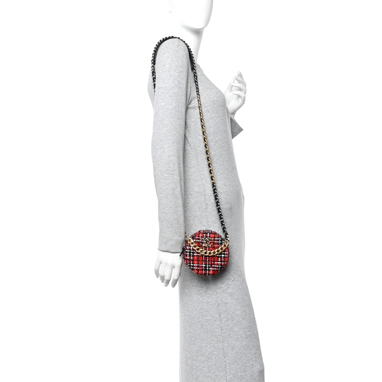Tweed Quilted Chanel 19 Round Clutch With Chain  Red Black White Green