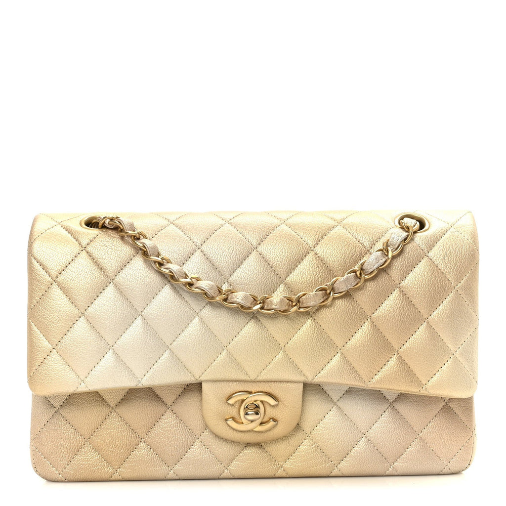 Metallic Goatskin Quilted Ombre Medium Double Flap Gold