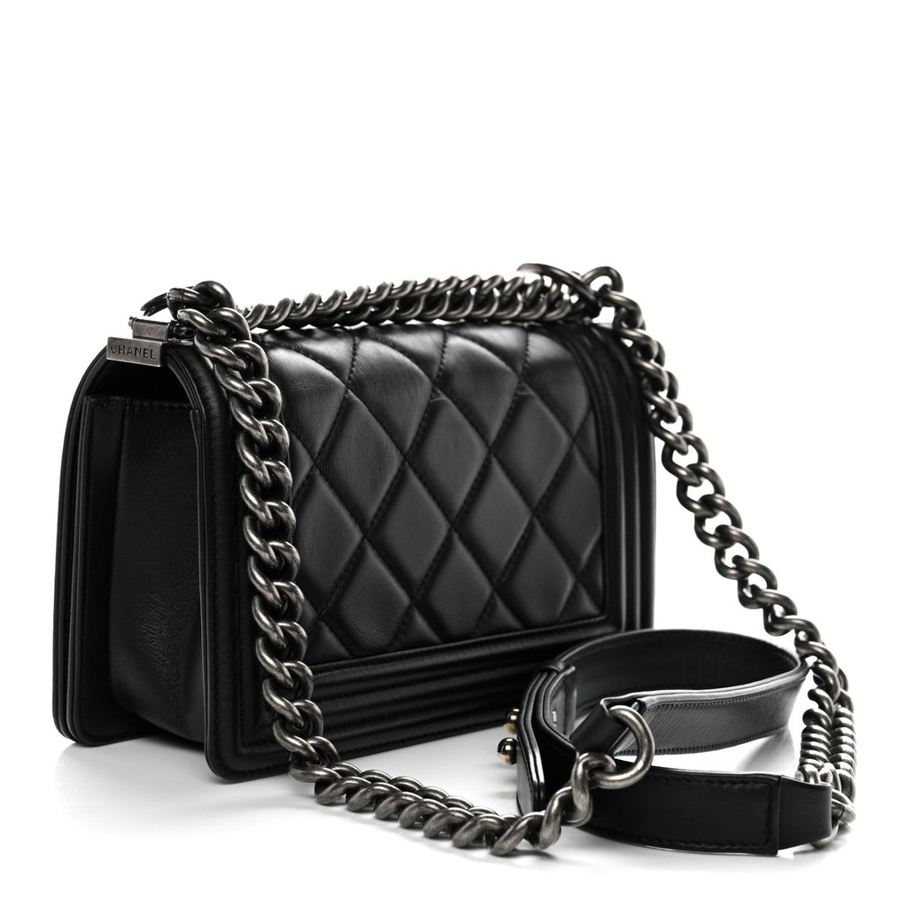 Calfskin Quilted Small Boy Flap Black