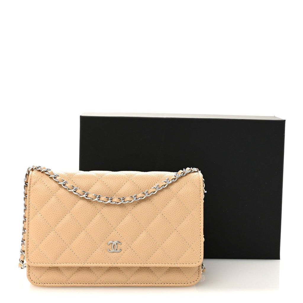 Caviar Quilted Wallet on Chain WOC Beige