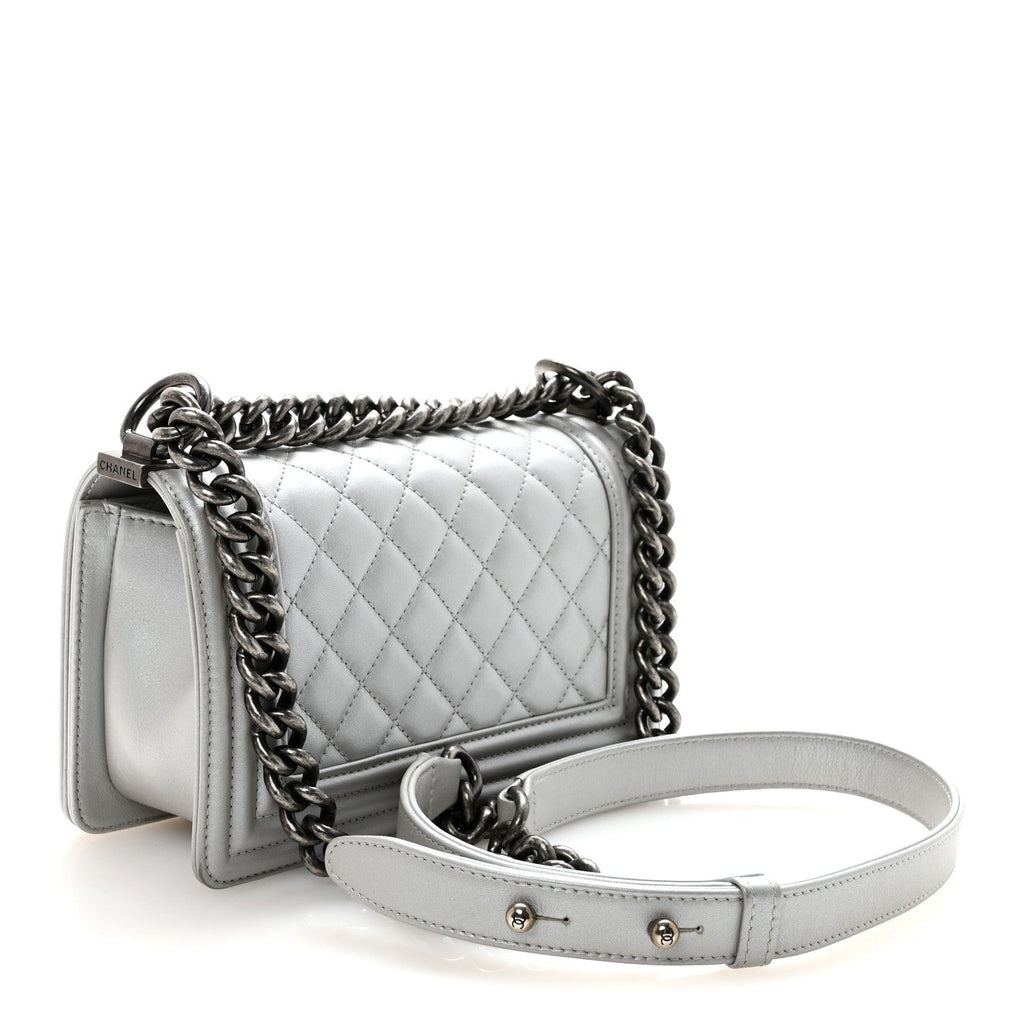 Metallic Calfskin Quilted Small Boy Flap Silver