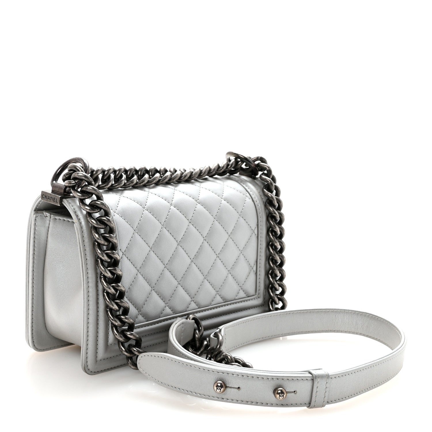 Metallic Calfskin Quilted Small Boy Flap Silver