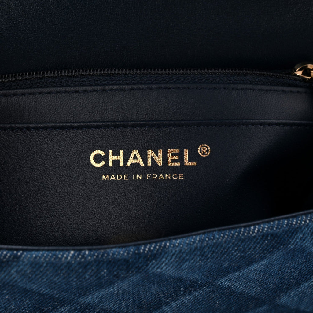 Printed Denim Quilted Mini Rectangular Flap Dark Blue