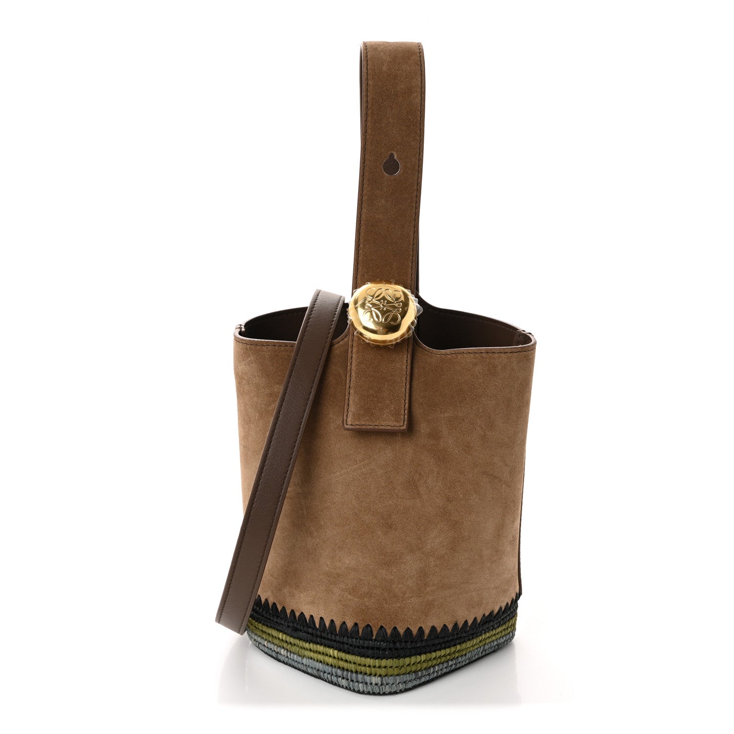 Suede Raffia Striped Mini Pebble Bucket Bag Brown