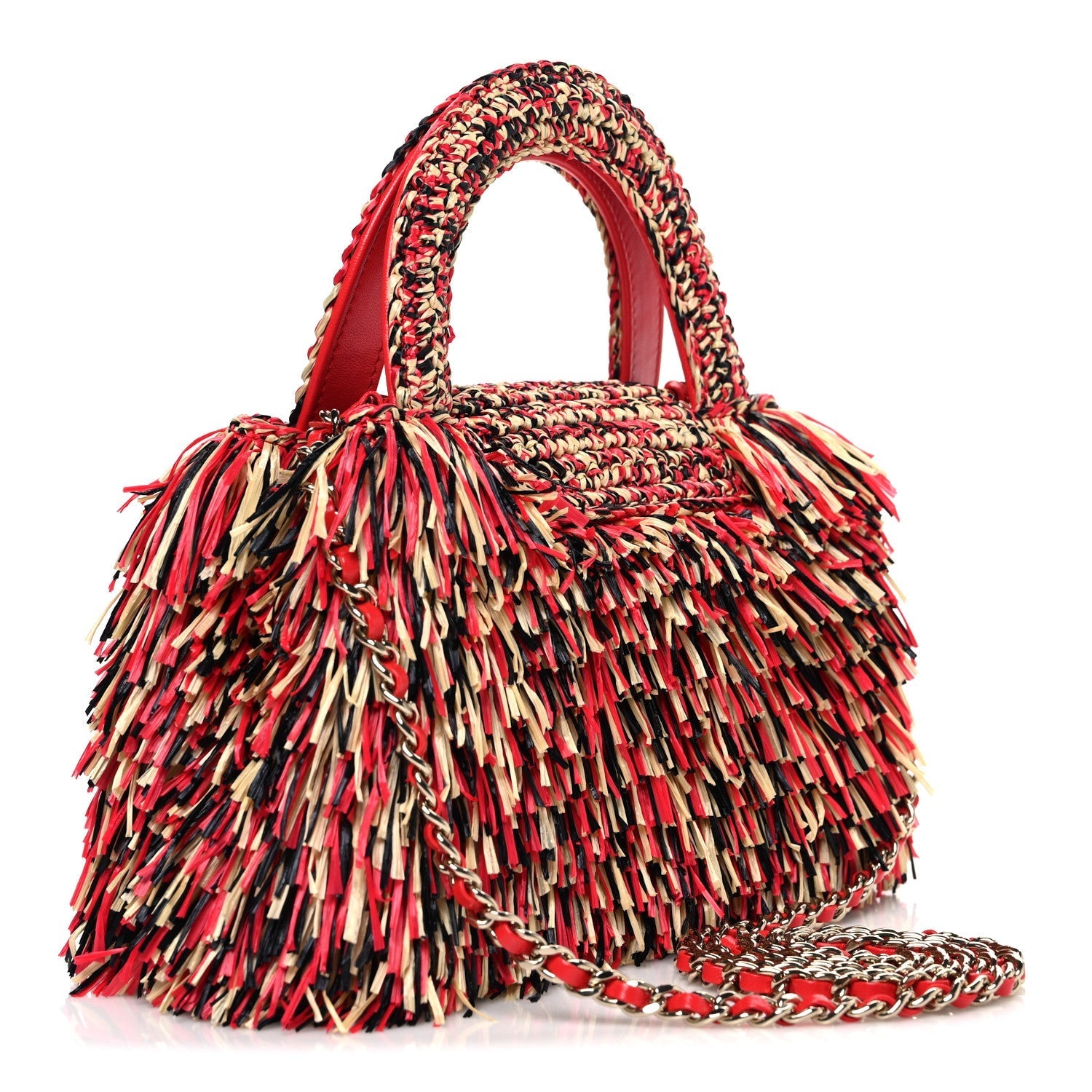 Raffia Fringe Nano Kelly Shopper Red Beige Black