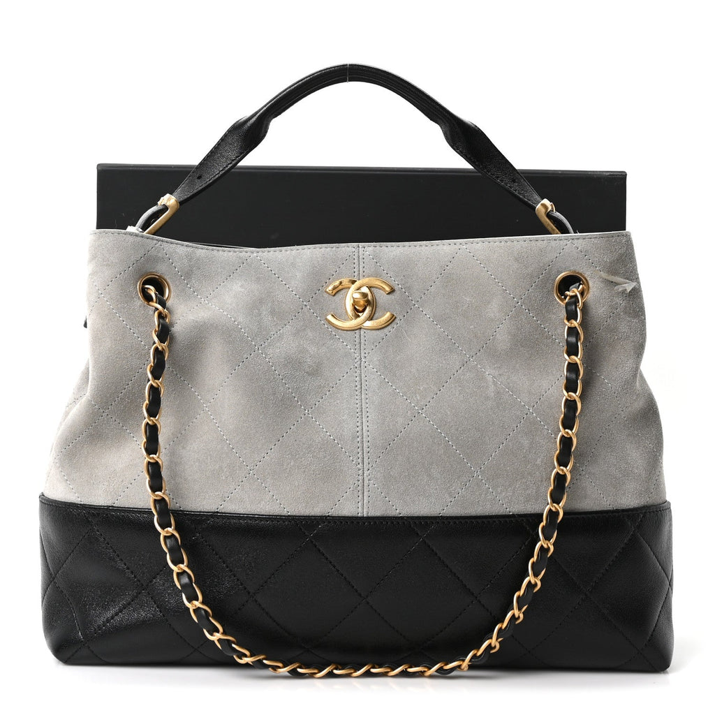 Suede Calfskin Shiny Lambskin Quilted Small Coco Base Shopping Bag Grey Black