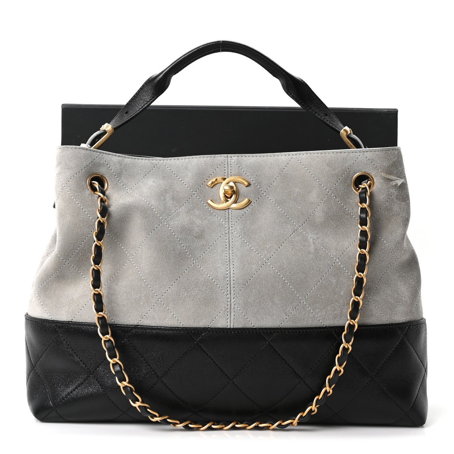 Suede Calfskin Shiny Lambskin Quilted Small Coco Base Shopping Bag Grey Black