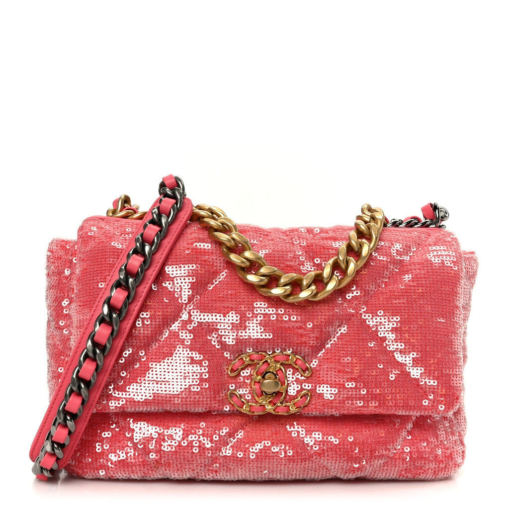 Sequin Quilted Medium Chanel 19 Flap Coral
