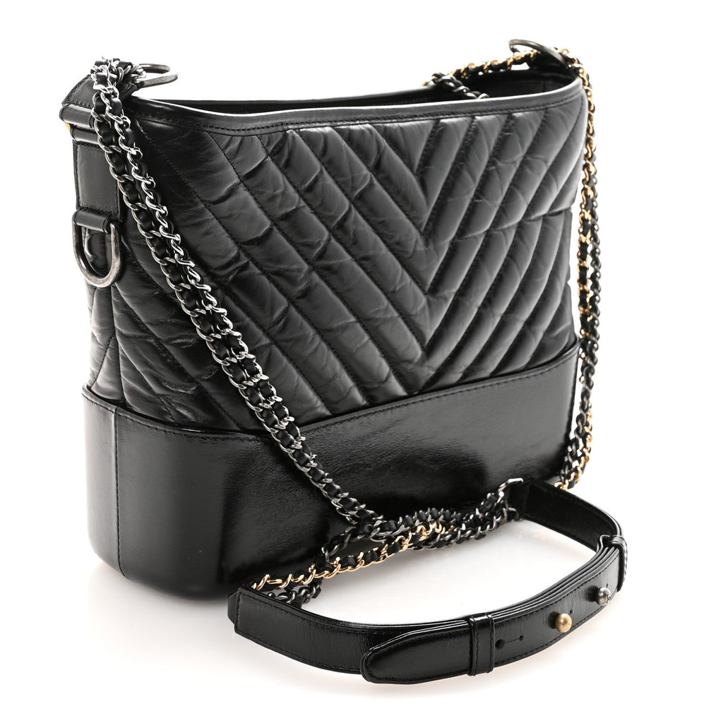 Aged Calfskin Chevron Quilted Medium Gabrielle Hobo Black