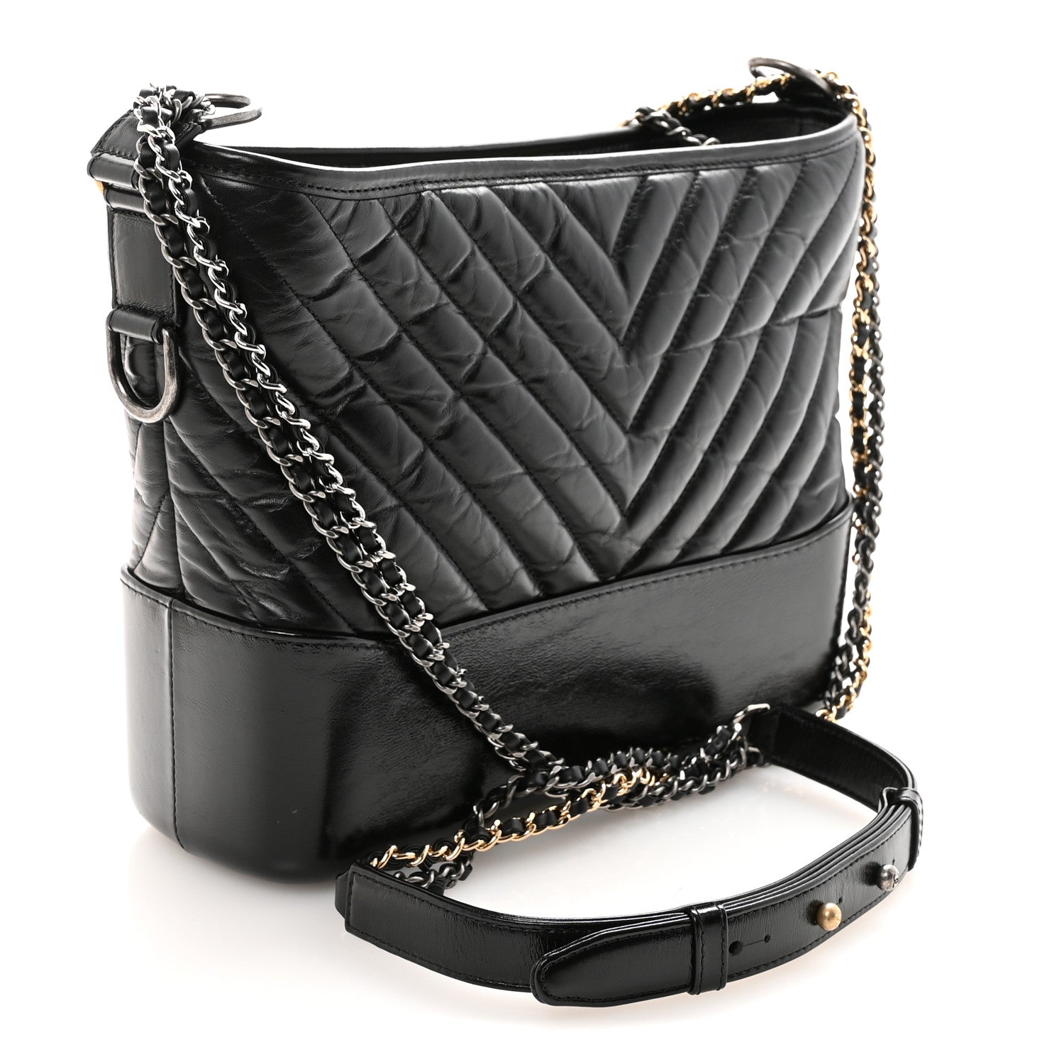 Aged Calfskin Chevron Quilted Medium Gabrielle Hobo Black