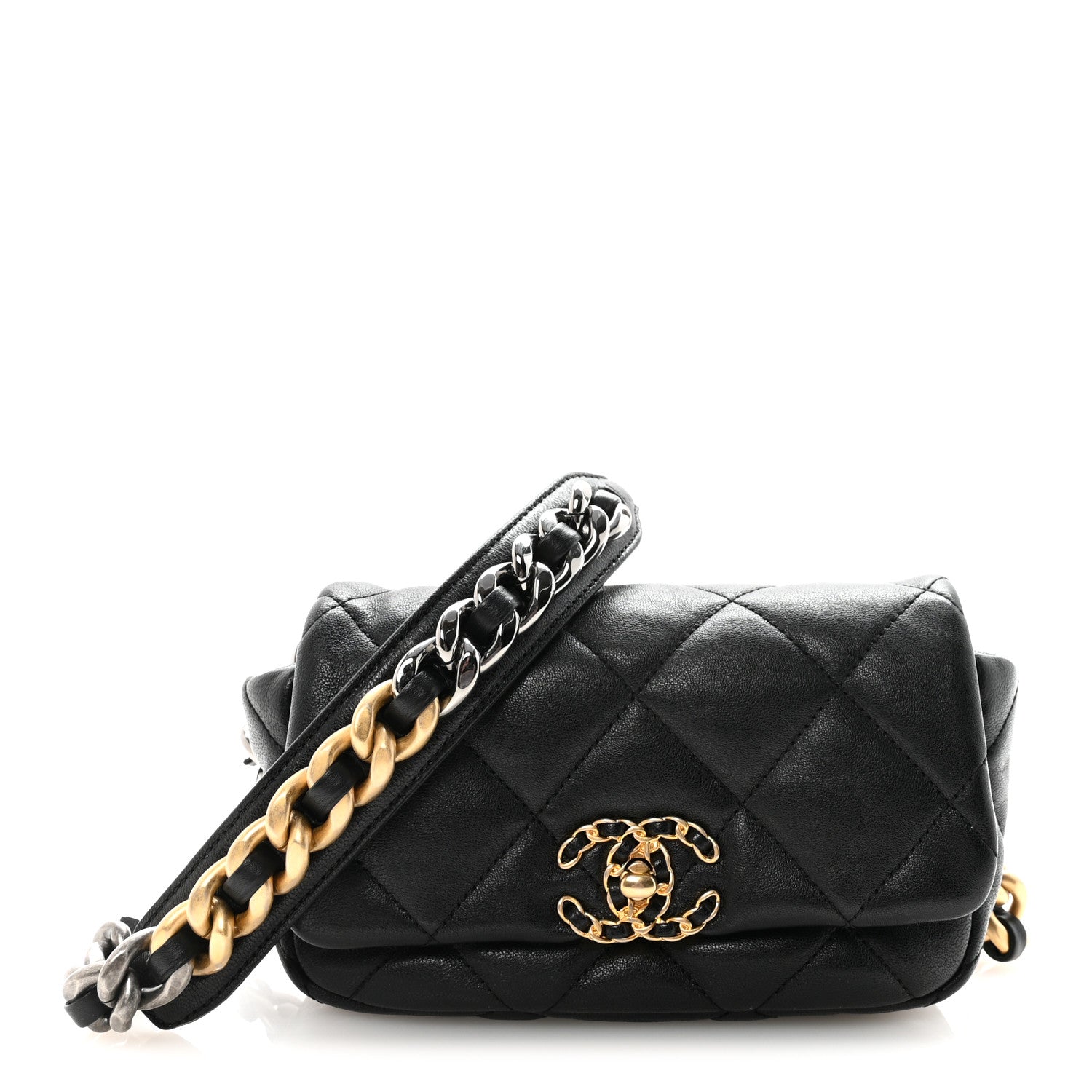 Goatskin Quilted Chanel 19 Waist Bag Black