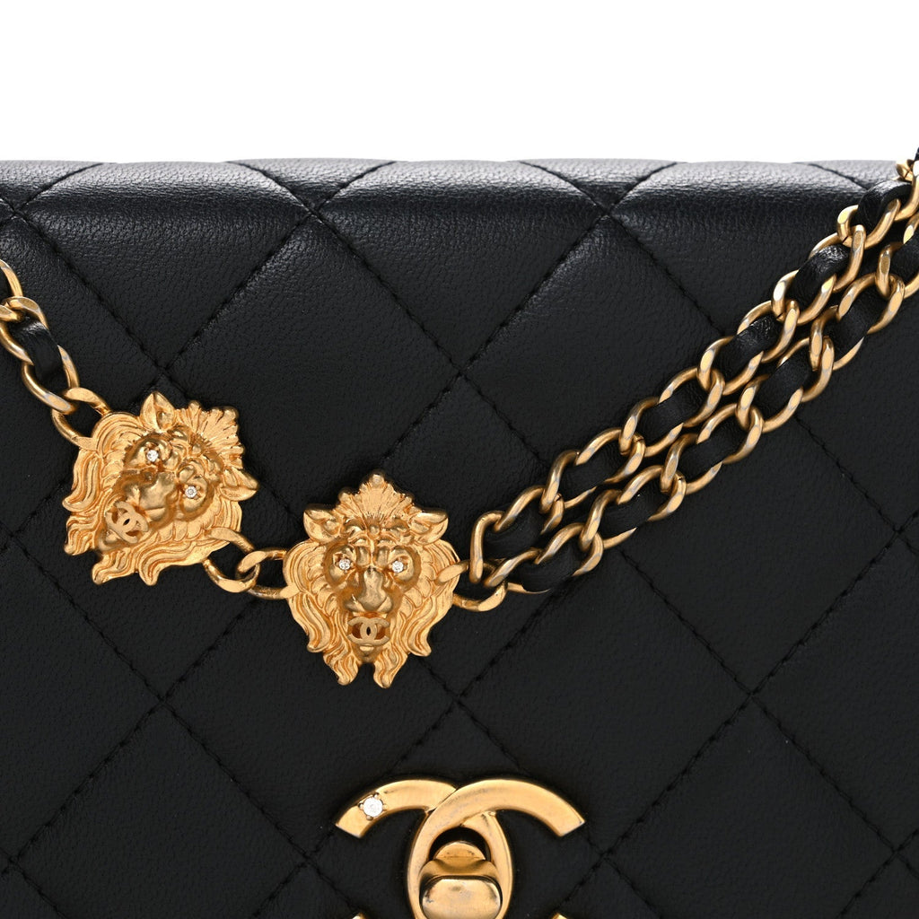 Lambskin Quilted Lion Motif Wallet On Chain WOC Black