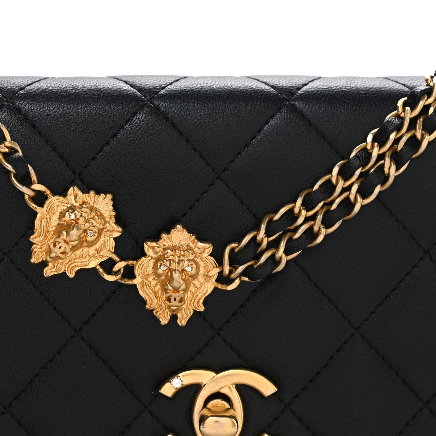 Lambskin Quilted Lion Motif Wallet On Chain WOC Black