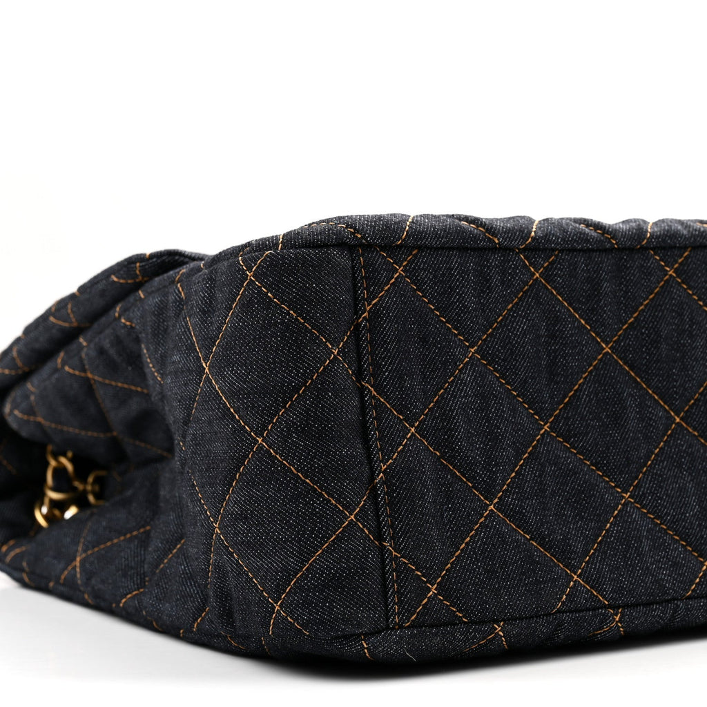 Denim Quilted XXL Travel Flap Bag Dark Blue Orange